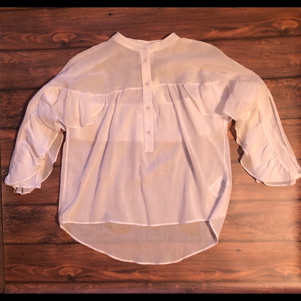 Maeve White Sheer Ruffle-Yoke Blouse